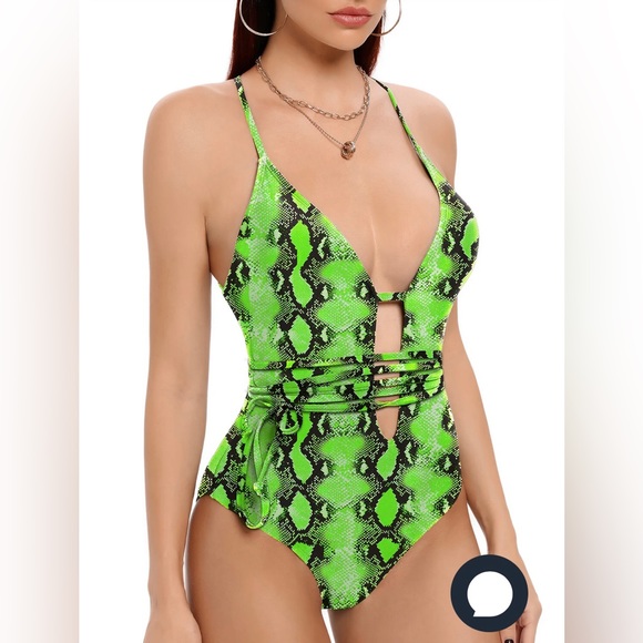 Neon Green Snake Skin Print One Piece Swimsuit Strappy US SIZE 2X Plunge Neck - Picture 2 of 5